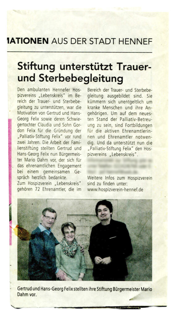 Lokaler Presseartikel „Stiftung unterstützt Trauer- und Sterbebegleitung“ (Anzeigenblatt Hennef, Frühjahr 2024)