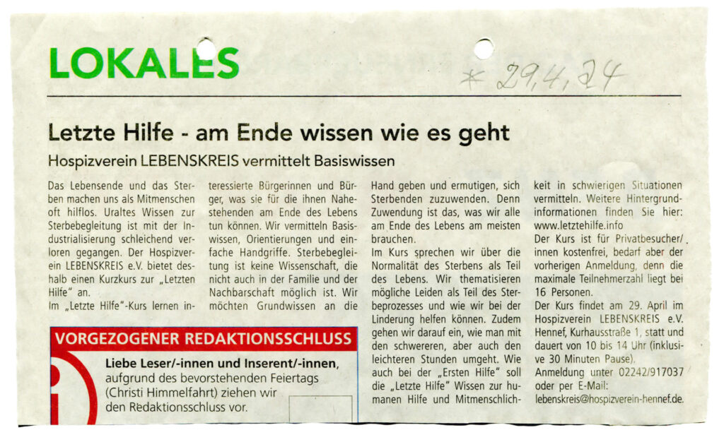 „Letzte Hilfe“ Kurs – Hospizverein Lebenskreis, Hennef (Artikel, Apr 2024)